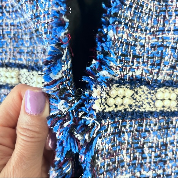 Zara Basics Trendy Blue and White Tweed Blazer with Pearl Trim Size XS - Picture 16 of 17